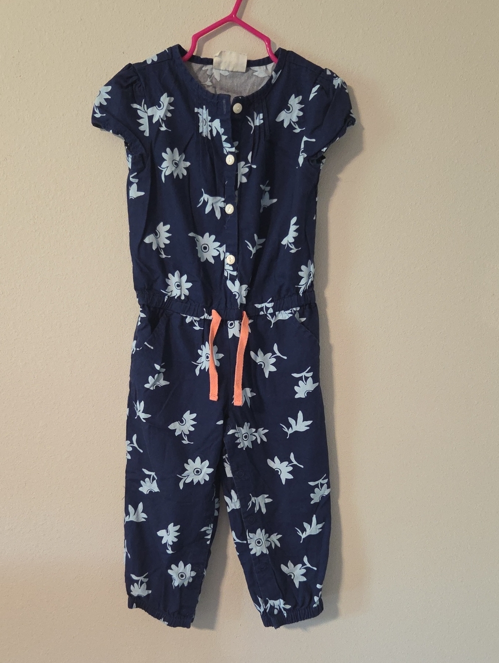 Crazy 8 Navy Floral Romper with Coral Drawstring